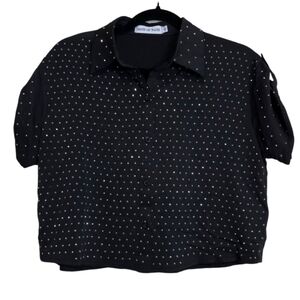 Dash of Nash Rhinestone Boxy Crop Blouse Size Small Relaxed Fit Black Silver